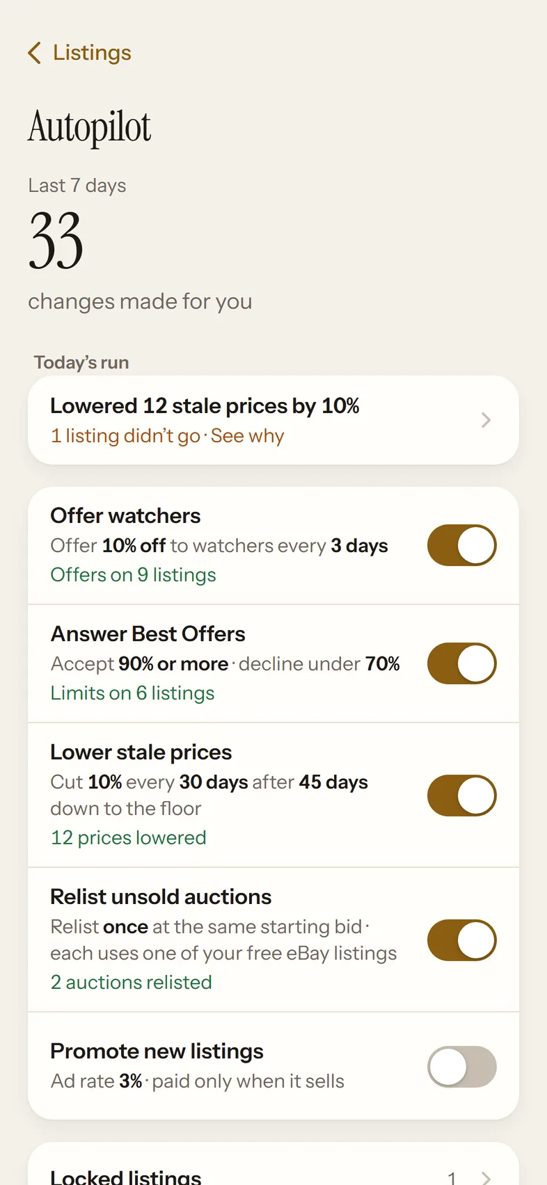 The Autopilot screen: 33 changes made in the last 7 days, with switches for offering watchers 10% off, answering Best Offers, lowering stale prices and relisting unsold auctions.