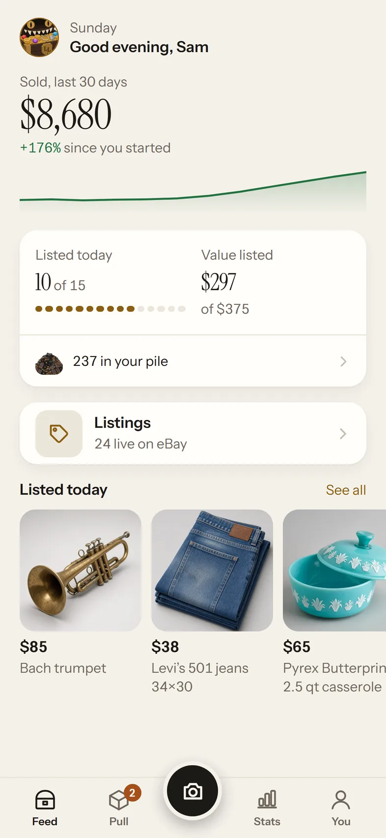 The Feed: $8,680 sold in the last 30 days, 10 of 15 items listed today and 237 left in the pile.
