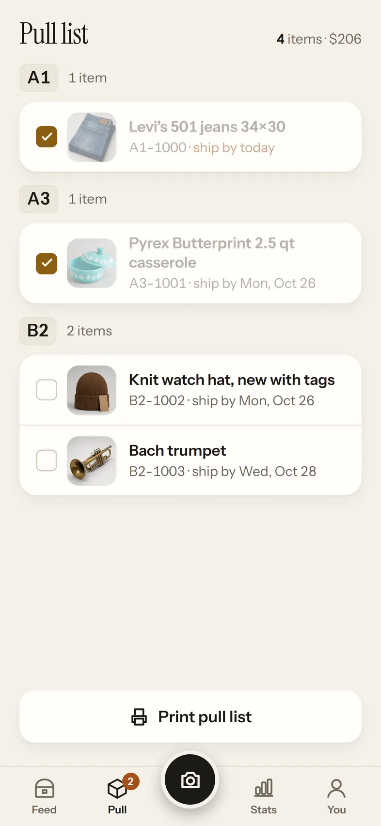 The pull list: sold items grouped by shelf, A1, A3 and B2, each with its SKU and ship-by date.