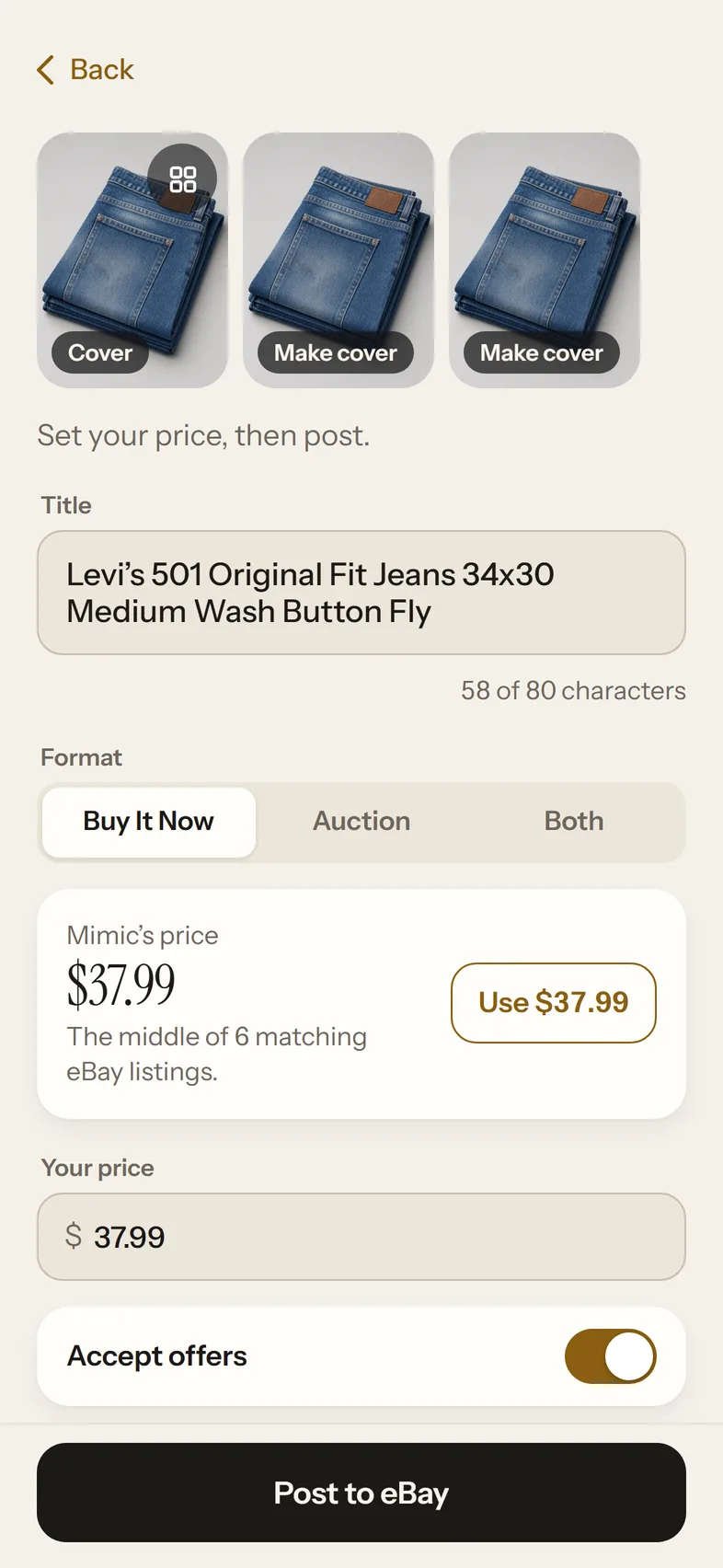 The review screen in Loot Lister, with three photos of Levi's jeans, the title Mimic wrote and Mimic's price of $37.99.