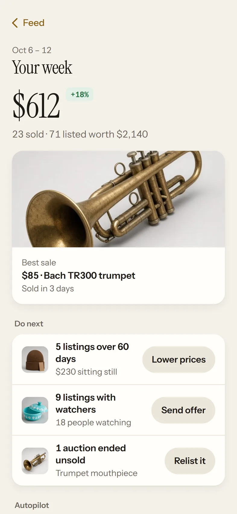 Your week: $612 from 23 sales, with the best sale and what to do next.